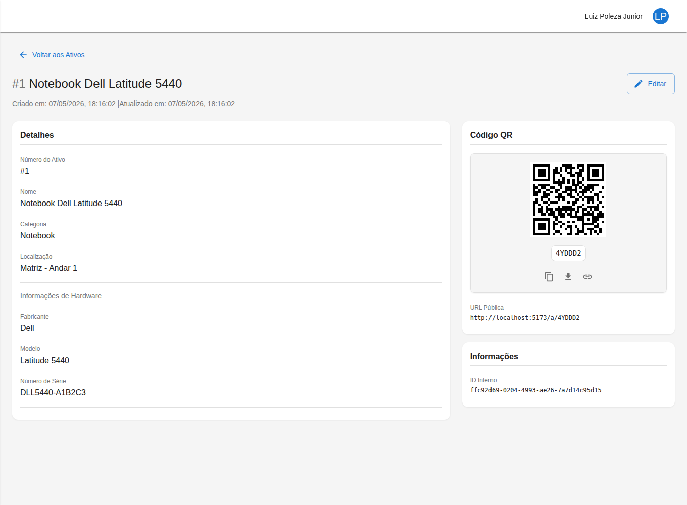 Detalhe de Ativo com QR Code