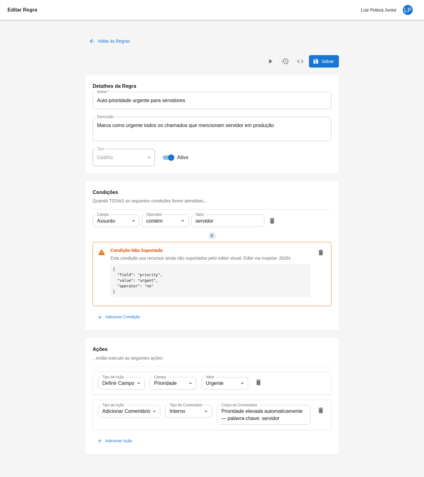 Editor de Regras de Automação